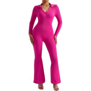 imageMOOSLOVER Women Ribbed One Piece Jumpsuits Square Neck Long Sleeve Workout Yoga Jumpsuits3 Rose Pinkcollared Neck