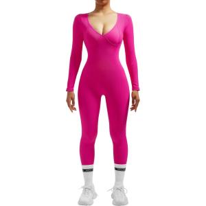 imageMOOSLOVER Women Ribbed One Piece Jumpsuits Square Neck Long Sleeve Workout Yoga Jumpsuits3 Rose Pinkv Neck