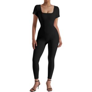 imageMOOSLOVER Women Short Sleeve Square Neck Jumpsuits Ribbed Seamless One Piece Workout Bodycon Romper
