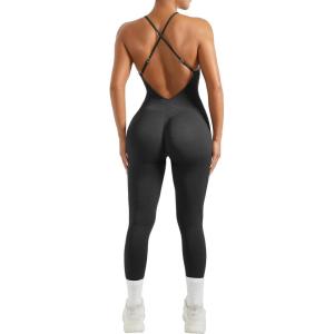 imageMOOSLOVER Women Strappy Backless One Piece Jumpsuits Tummy Control Padded Workout Rompers1 Black
