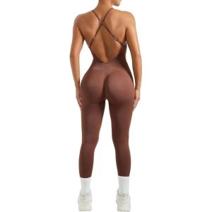 imageMOOSLOVER Women Strappy Backless One Piece Jumpsuits Tummy Control Padded Workout Rompers1 Brown