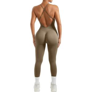 imageMOOSLOVER Women Strappy Backless One Piece Jumpsuits Tummy Control Padded Workout Rompers1 Dark Coffee