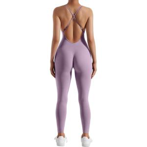 imageMOOSLOVER Women Strappy Backless One Piece Jumpsuits Tummy Control Padded Workout Rompers1 Deep Purple