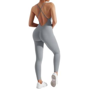 imageMOOSLOVER Women Strappy Backless One Piece Jumpsuits Tummy Control Padded Workout Rompers1 Grey