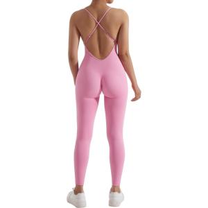 imageMOOSLOVER Women Strappy Backless One Piece Jumpsuits Tummy Control Padded Workout Rompers1 Light Pink