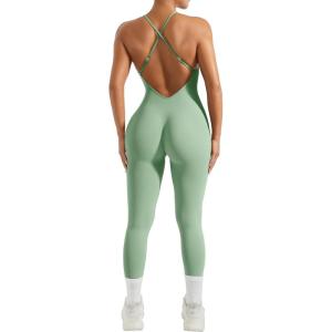 imageMOOSLOVER Women Strappy Backless One Piece Jumpsuits Tummy Control Padded Workout Rompers1 Mint Green