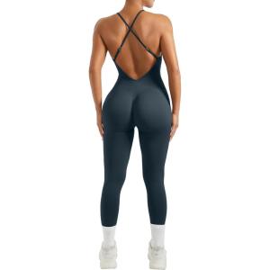 imageMOOSLOVER Women Strappy Backless One Piece Jumpsuits Tummy Control Padded Workout Rompers1 Navy Blue