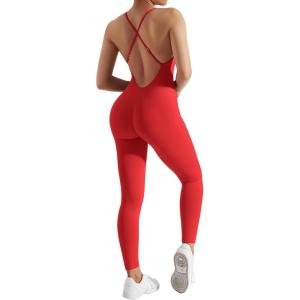 imageMOOSLOVER Women Strappy Backless One Piece Jumpsuits Tummy Control Padded Workout Rompers1 Red