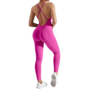 imageMOOSLOVER Women Strappy Backless One Piece Jumpsuits Tummy Control Padded Workout Rompers1 Rose Pink
