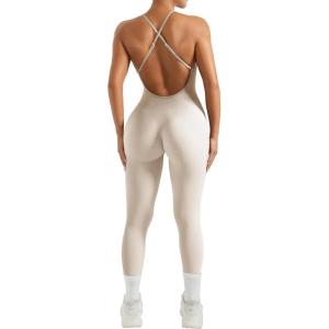 imageMOOSLOVER Women Strappy Backless One Piece Jumpsuits Tummy Control Padded Workout Rompers2 Apricotribbed