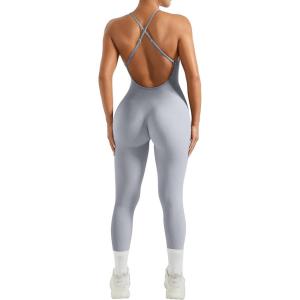 imageMOOSLOVER Women Strappy Backless One Piece Jumpsuits Tummy Control Padded Workout Rompers2 Washed Blueribbed