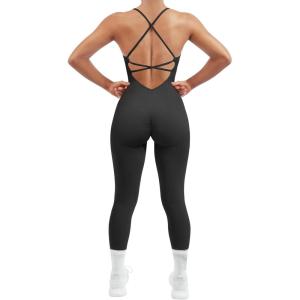 imageMOOSLOVER Women Strappy Backless One Piece Jumpsuits Tummy Control Padded Workout Rompers3 Black014