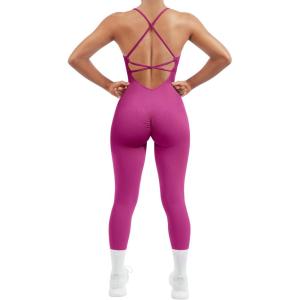 imageMOOSLOVER Women Strappy Backless One Piece Jumpsuits Tummy Control Padded Workout Rompers3 Hot Pink014