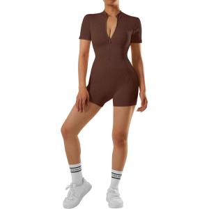 imageMOOSLOVER Women Zip Front Mock Neck Shorts Jumpsuit Ribbed Seamless One Piece Workout Bodycon RomperBrown