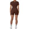 imageMOOSLOVER Women Square Neck Short Sleeve Shorts Jumpsuit Ribbed Seamless One Piece Workout Bodycon RomperBrown
