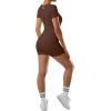 imageMOOSLOVER Women Square Neck Short Sleeve Shorts Jumpsuit Ribbed Seamless One Piece Workout Bodycon RomperBrown
