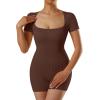 imageMOOSLOVER Women Square Neck Short Sleeve Shorts Jumpsuit Ribbed Seamless One Piece Workout Bodycon RomperBrown