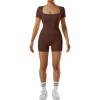 imageMOOSLOVER Women Square Neck Short Sleeve Shorts Jumpsuit Ribbed Seamless One Piece Workout Bodycon RomperBrown