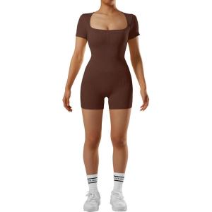 imageMOOSLOVER Women Square Neck Short Sleeve Shorts Jumpsuit Ribbed Seamless One Piece Workout Bodycon RomperBrown