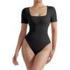 imageMOOSLOVER Women Ribbed Seamless Bodysuit Short Sleeve Square Neck Basic Top Bodysuit