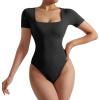 imageMOOSLOVER Women Ribbed Seamless Bodysuit Short Sleeve Square Neck Basic Top Bodysuit