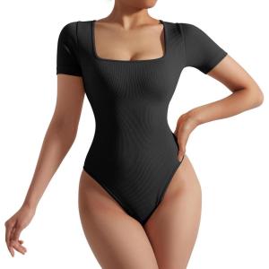 imageMOOSLOVER Women Ribbed Seamless Bodysuit Short Sleeve Square Neck Basic Top Bodysuit