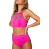 imageMOOSLOVER Women Mesh High Neck Bikini Sets High Waisted Two Piece Swimsuit Bathing Suits1 Hot Pink