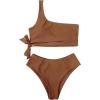 imageMOOSLOVER Women One Shoulder High Waisted Bikini Tie High Cut Two Piece SwimsuitsCoffee