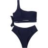 imageMOOSLOVER Women One Shoulder High Waisted Bikini Tie High Cut Two Piece SwimsuitsDark Blue
