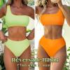 imageMOOSLOVER Women One Shoulder High Waisted Bikini Tie High Cut Two Piece SwimsuitsGreen Orange015
