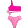 imageMOOSLOVER Women One Shoulder High Waisted Bikini Tie High Cut Two Piece SwimsuitsPink Rose15