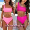 imageMOOSLOVER Women One Shoulder High Waisted Bikini Tie High Cut Two Piece SwimsuitsRose Pink015