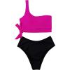 imageMOOSLOVER Women One Shoulder High Waisted Bikini Tie High Cut Two Piece SwimsuitsRose Redblack