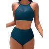 imageMOOSLOVER Women Mesh High Neck Bikini Sets High Waisted Two Piece Swimsuit Bathing Suits1 Peacock Blue
