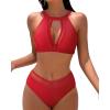 imageMOOSLOVER Women Mesh High Neck Bikini Sets High Waisted Two Piece Swimsuit Bathing Suits2 Red