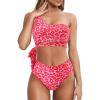 imageMOOSLOVER Women One Shoulder High Waisted Bikini Tie High Cut Two Piece SwimsuitsPink Leopard