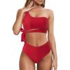 imageMOOSLOVER Women One Shoulder High Waisted Bikini Tie High Cut Two Piece SwimsuitsRed