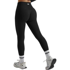 imageMOOSLOVER Seamless Butt Lifting Workout Leggings for Women High Waist Yoga Pants Compression Contour TightsRibbed Black