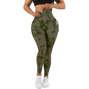 imageMOOSLOVER Women Corset High Waisted Leggings with Pockets Tummy Control Body Shaper Yoga Pants1 Army Green Tiedye