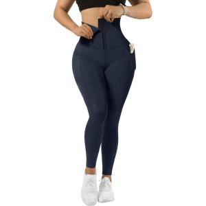imageMOOSLOVER Women Corset High Waisted Leggings with Pockets Tummy Control Body Shaper Yoga Pants1 Blue Print