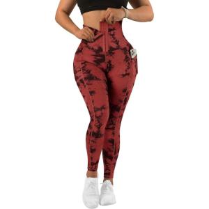 imageMOOSLOVER Women Corset High Waisted Leggings with Pockets Tummy Control Body Shaper Yoga Pants1 Red Tiedye