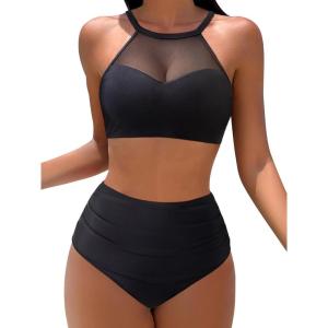 imageMOOSLOVER Women Mesh High Neck Bikini Sets High Waisted Two Piece Swimsuit Bathing Suits1 Black