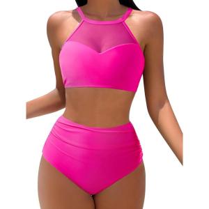 imageMOOSLOVER Women Mesh High Neck Bikini Sets High Waisted Two Piece Swimsuit Bathing Suits1 Hot Pink