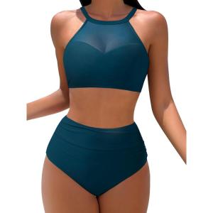 imageMOOSLOVER Women Mesh High Neck Bikini Sets High Waisted Two Piece Swimsuit Bathing Suits1 Peacock Blue