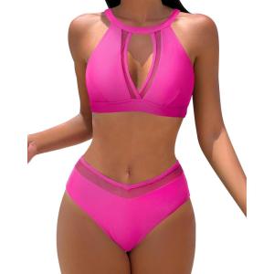 imageMOOSLOVER Women Mesh High Neck Bikini Sets High Waisted Two Piece Swimsuit Bathing Suits2 Pink