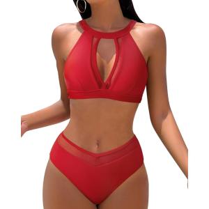 imageMOOSLOVER Women Mesh High Neck Bikini Sets High Waisted Two Piece Swimsuit Bathing Suits2 Red