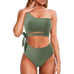 imageMOOSLOVER Women One Shoulder High Waisted Bikini Tie High Cut Two Piece SwimsuitsArmy Green