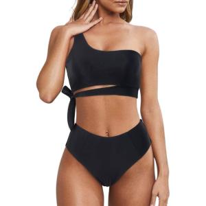 imageMOOSLOVER Women One Shoulder High Waisted Bikini Tie High Cut Two Piece SwimsuitsBlack