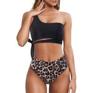 imageMOOSLOVER Women One Shoulder High Waisted Bikini Tie High Cut Two Piece SwimsuitsBlack Panther