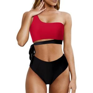 imageMOOSLOVER Women One Shoulder High Waisted Bikini Tie High Cut Two Piece SwimsuitsBlack Red